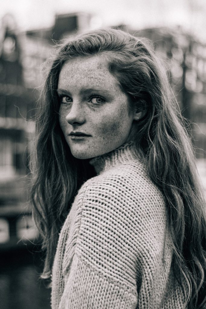 girl with freckles black white